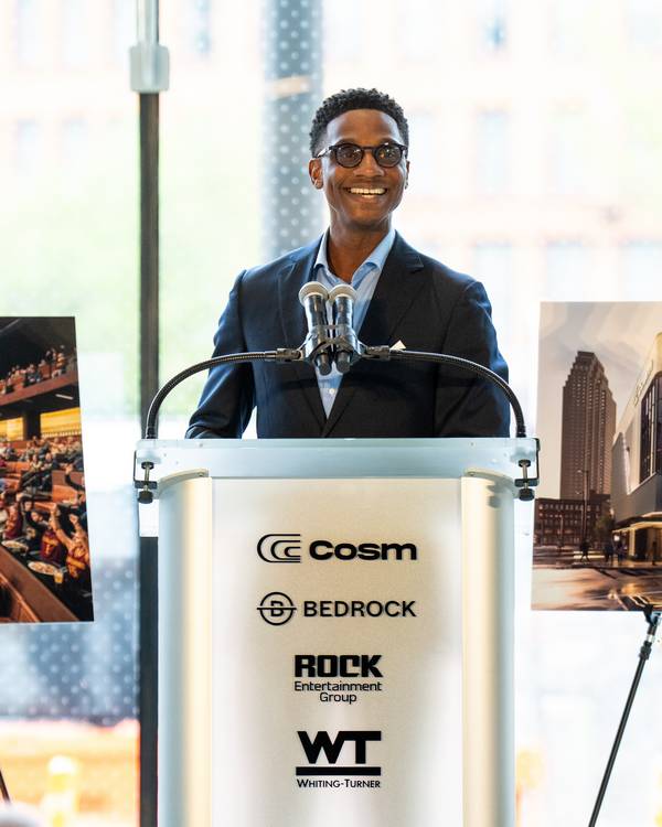 Cleveland Mayor Justin M. Bibb speaks at the Cosm groundbreaking.